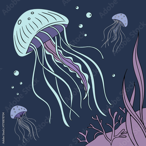 Vector art of a group of jellyfish gracefully gliding through the ocean, their translucent bodies shimmering in the sunlight, creating a mesmerizing underwater scene
