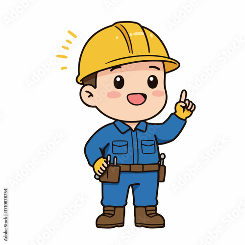 A cute cartoon construction worker in a yellow hard hat and blue uniform pointing upwards with his index finger.