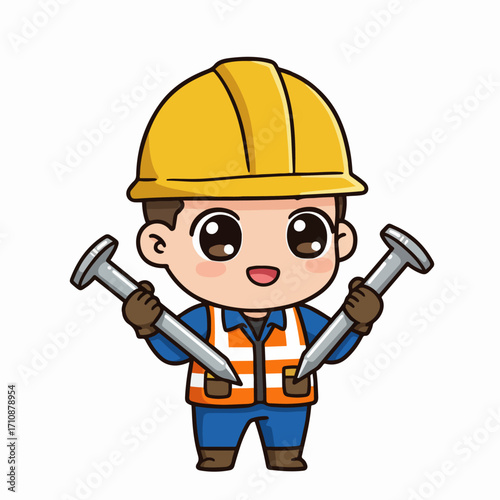A cute cartoon construction worker wearing a yellow hard hat and safety vest, holding two large nails.
