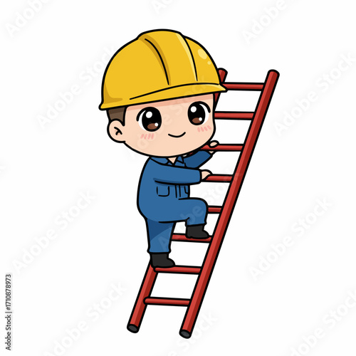 A cute cartoon construction worker boy wearing a yellow hard hat and blue overalls climbing a red ladder.