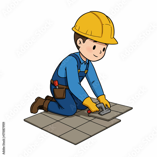 A construction worker in a yellow hard hat and blue overalls is kneeling and laying tiles on the floor.