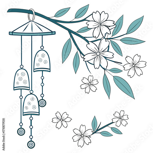 Vector art of a serene illustration of a wind chime hanging from a blossoming branch, creating a tranquil and harmonious atmosphere
