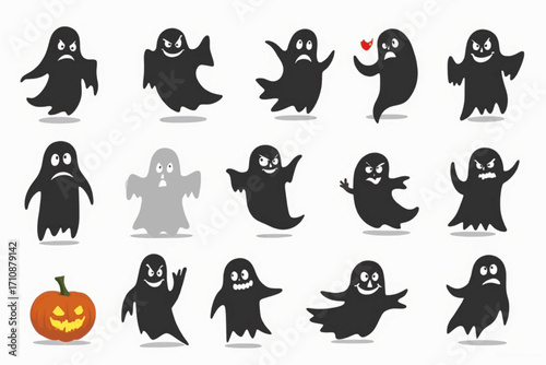 Set of cute scary ghost silhouettes and lighting pumpkin. Funny spooky cartoon phantom characters with various emotions, vector icon monster collection for Halloween design for party, poster, sticker