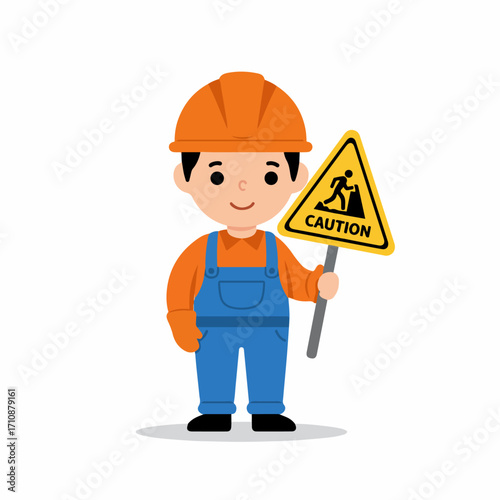 A cartoon construction worker wearing an orange hard hat and blue overalls holds a yellow caution sign depicting a person working.