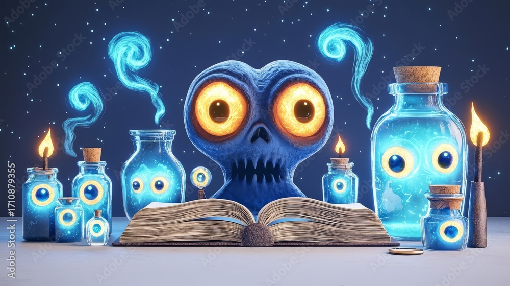 Obraz premium Whimsical blue bottles and glowing creatures create a magical atmosphere in a mysterious, enchanting setting.