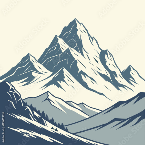 Vector art of a striking mountain peak illustration showcasing jagged ridges, snowcapped summits, and a rugged terrain, capturing the grandeur and majesty of nature
