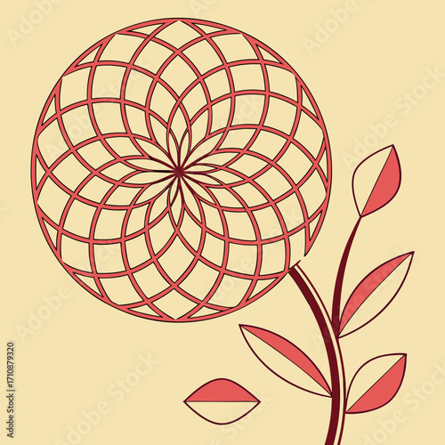 Vector art of a stylized flower with a geometric pattern on the petals, set against a light yellow background, featuring a unique and eyecatching floral design element