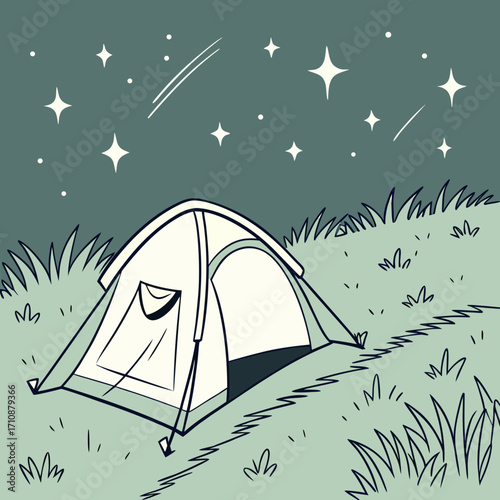 Vector art of a tent is set up in a grassy field under a starry night sky, creating a peaceful and adventurous camping scene in nature