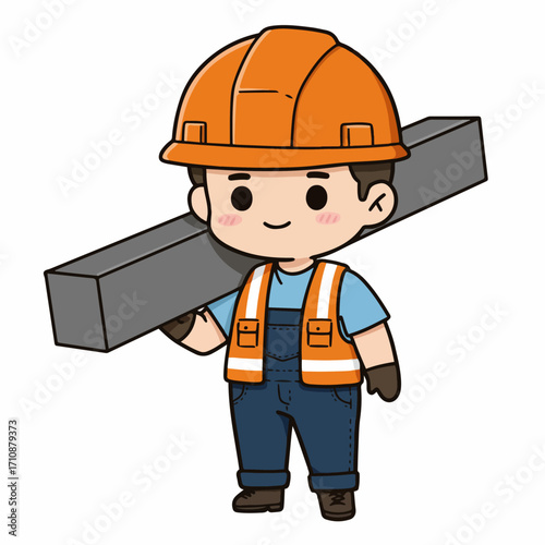 A cute cartoon construction worker wearing an orange hard hat and vest, carrying a metal beam on his shoulder.