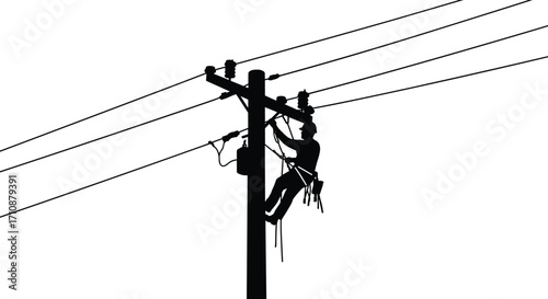 Silhouette of utility lineman climbing power pole, repairing high voltage wires, electrical maintenance work, safety gear, overhead cable infrastructure
