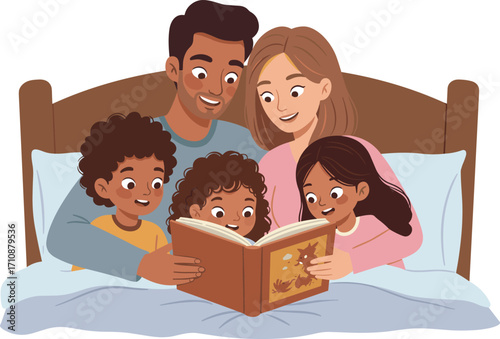Cartoon family reading bedtime story, cozy bedroom, happy children, parenting moment, storytelling time, bonding, love, digital illustration, peaceful night, togetherness