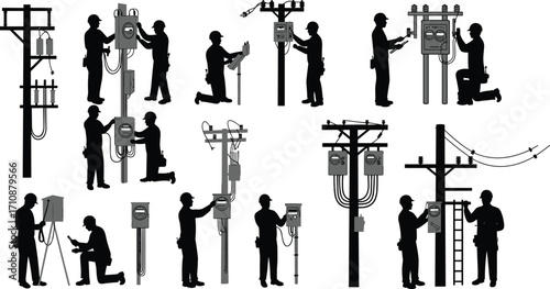 Silhouette utility workers inspecting electrical meters, power line maintenance, transformer repair, cable installation, safety equipment, teamwork, 