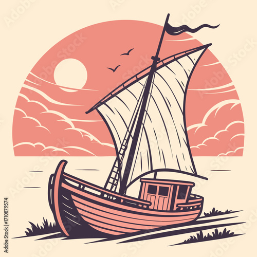 Vector art of a vintage sailboat rests on the shore against a backdrop of a setting sun and tranquil sea, evoking a sense of nostalgia and maritime adventure
