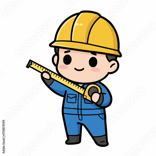 A cute cartoon construction worker wearing a yellow hard hat and blue overalls, holding a yellow measuring tape.
