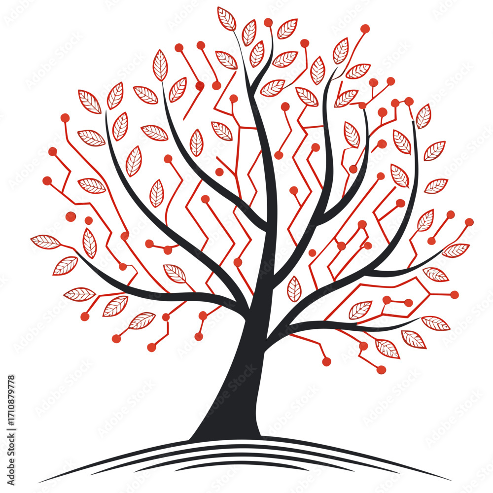 Fototapeta premium Vector art of an abstract depiction of a tree with circuit board patterns, symbolizing technology, growth, and the interconnectedness of nature and innovation