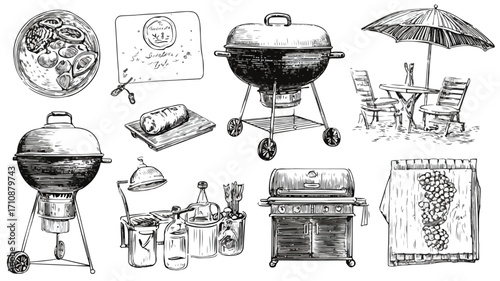Hand Drawn Decorative Barbecue Grills and Picnic Scene Illustration