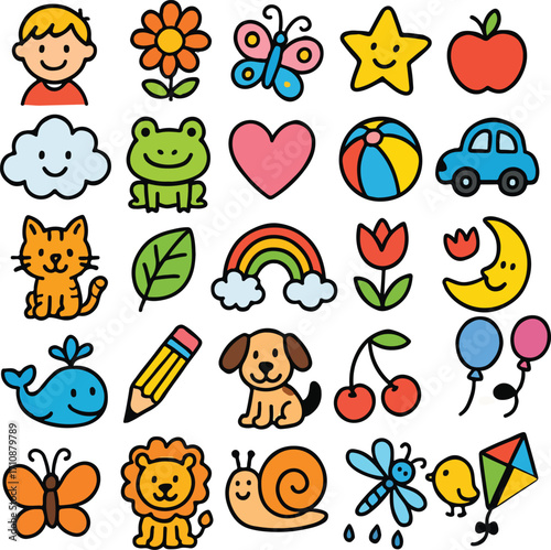 Cute Cartoon Doodle Icons Collection – Animals, Nature, and Objects