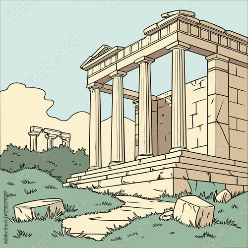 Vector art of an ancient greek temple ruin with columns and stone blocks, set in a grassy landscape with a cloudy sky, showcasing classical architecture