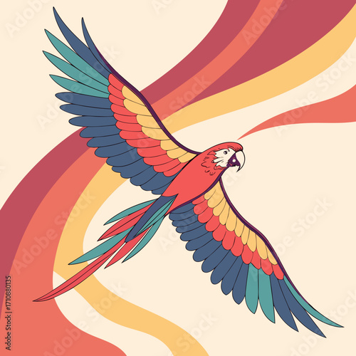 Vector art of colorful illustration of a scarlet macaw in flight against a retro background, showcasing the birds vibrant plumage and graceful movement