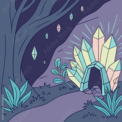 Vector art of crystal cave entrance with glowing gems, a cartoonish illustration of fantasy landscape and magical realm, showcasing mystical nature and enchanting scenery