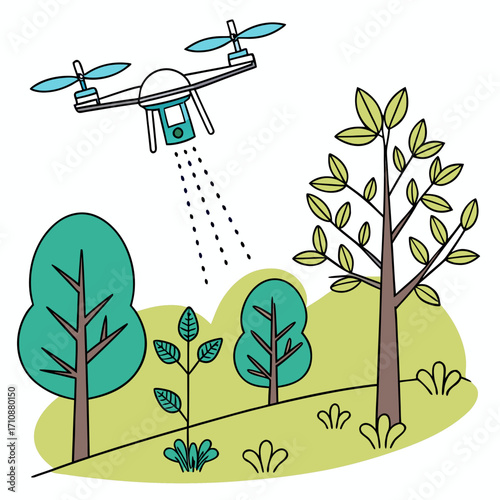 Vector art of drone flying over a forest with trees and hills, scanning the area with its sensors, providing a modern and technological approach to forest management