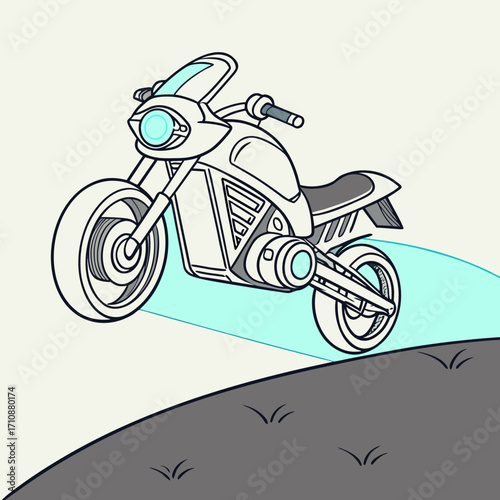 Vector art of dynamic illustration of a futuristic motorcycle jumping over a hill, capturing the thrill of adventure and the cuttingedge design