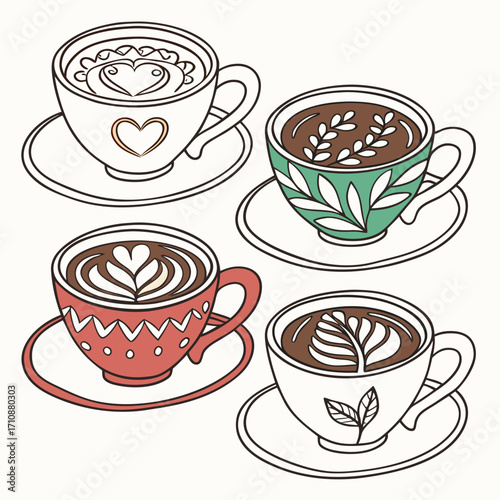 Vector art of four cups of coffee with latte art, showcasing different flavors and designs, vector illustration of a coffee shop menu