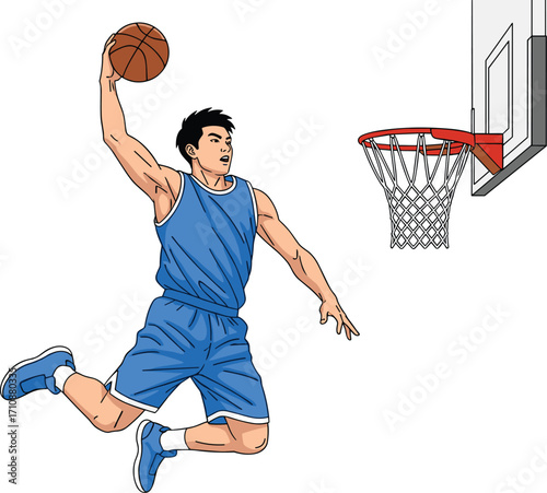 Dynamic basketball player in blue uniform performing powerful slam dunk action, athletic man jumping high near hoop, professional sports vector illustration design isolated background