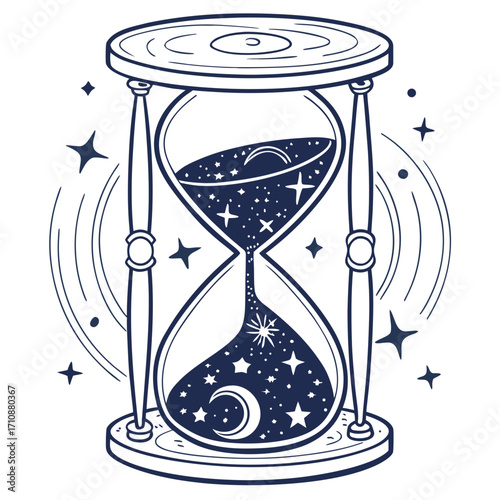 Vector art of hourglass with stars and moon inside sandglass with cosmic space inside time is running out concept of astrology, magic, and future