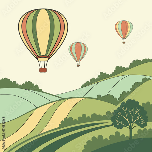 Vector art of hot air balloon flying over green hills, a vector design featuring three balloons in the sky and a landscape with trees and a winding road