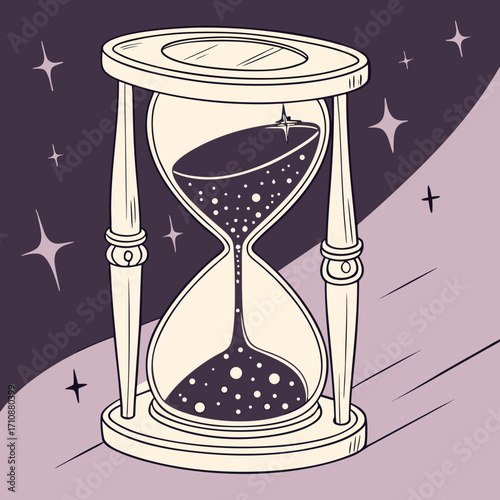 Vector art of hourglass with stars and moon inside sandglass with cosmic space inside time is running out concept of astrology, magic, and future vector illustration