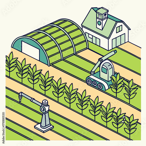 Vector art of isometric illustration of a smart farm with a greenhouse, a house, a robot arm, and a robot tractor, showcasing the future of agriculture and technology