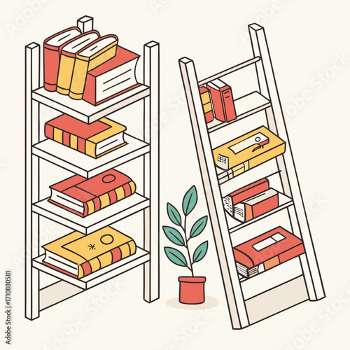 Vector art of isometric illustration of bookshelves with books and a potted plant