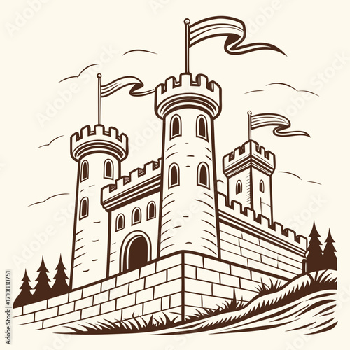 Vector art of monochrome illustration of a medieval castle with towers, flags, and stone walls, showcasing historical architecture and fantasy elements