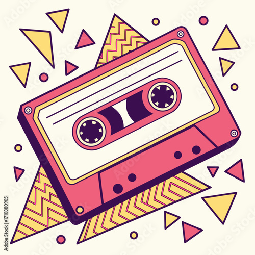 Vector art of retro cassette tape with geometric shapes, , evoking a nostalgic 80s vibe in a vibrant and playful design