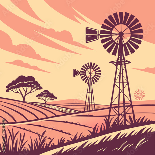 Vector art of serene rural landscape illustration featuring vintage windmills, rolling hills, and a warm color palette, evoking a sense of tranquility and nostalgia in a stylized design