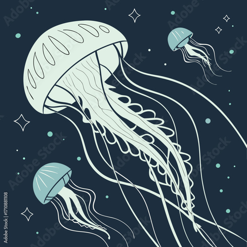 Vector art of three jellyfish floating in the deep sea, a vector design featuring a large jellyfish and two smaller ones with a dark blue background and white stars