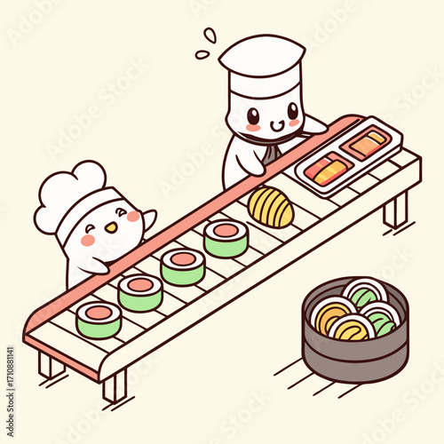 Vector art of two adorable cartoon chefs are busy preparing sushi on a conveyor belt, showcasing their culinary skills and teamwork