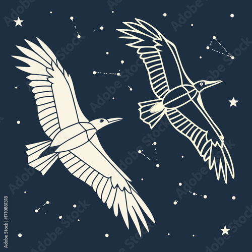 Vector art of two stylized eagles gracefully navigate a starry expanse, their forms echoing the constellations, symbolizing vision and aspiration beneath the cosmic dome