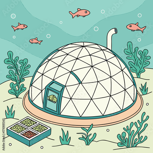 Vector art of underwater dome habitat with fish swimming above, showcasing sustainable living and marine ecosystems, a cartoonish illustration of future aquatic communities