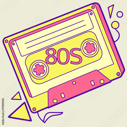 Vector art of vibrant 80s cassette tape illustration a retro design element with bold colors, perfect for nostalgic projects and vintage aesthetics