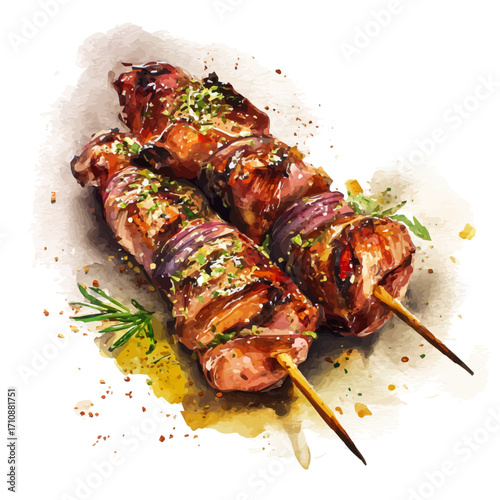 A watercolor painting of Lamb Kebabs, vector illustration on white background.