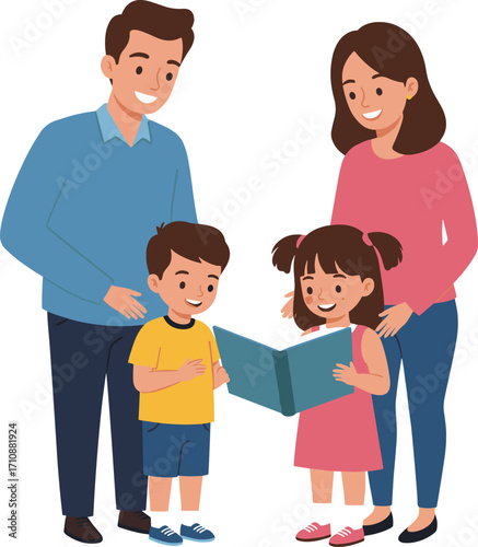 Cartoon family reading together, parents and kids bonding, storytelling time, home education, emotional warmth, literacy, joy, love, learning, illustration
