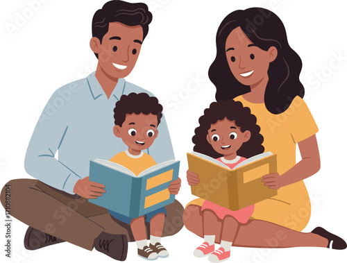 Cartoon family reading together, parents with children, literacy bonding, educational activity, learning at home, parenting, love, books, care, togetherness