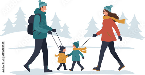 Cartoon family walking in snow, winter clothes, kids with rope, outdoor activity, cold weather, bonding, parenting, seasonal fun, forest background