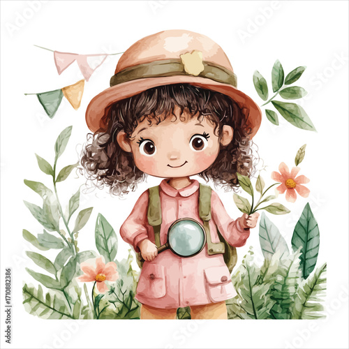 Curly Haired Girl Explorer with Magnifying Glass and Flowers in Nature child adventurer