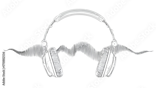 Sleek Headphones with Sound Waves Outline Vector Illustration