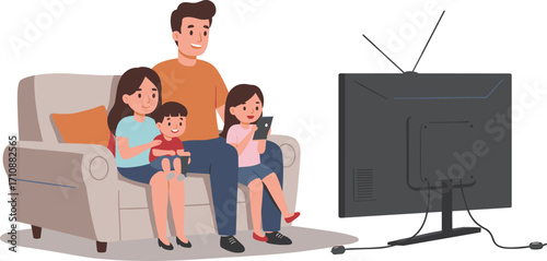 Cartoon family watching television, cozy living room, happy kids, bonding time, parenting moment, weekend fun, digital illustration, home entertainment, togetherness