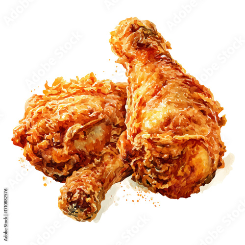 Fried Chicken, watercolor painting, vector illustration, isolated on a white background.
