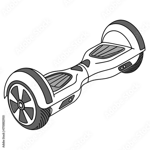 A clean line art illustration of a white and gray self balancing electric scooter on a white background